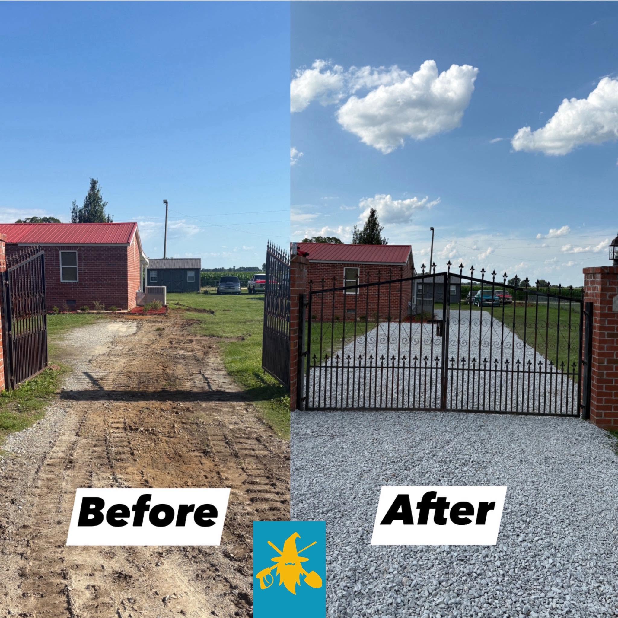 Gated driveway before and after — dirt path transformed into a finished gravel drive with new iron gate